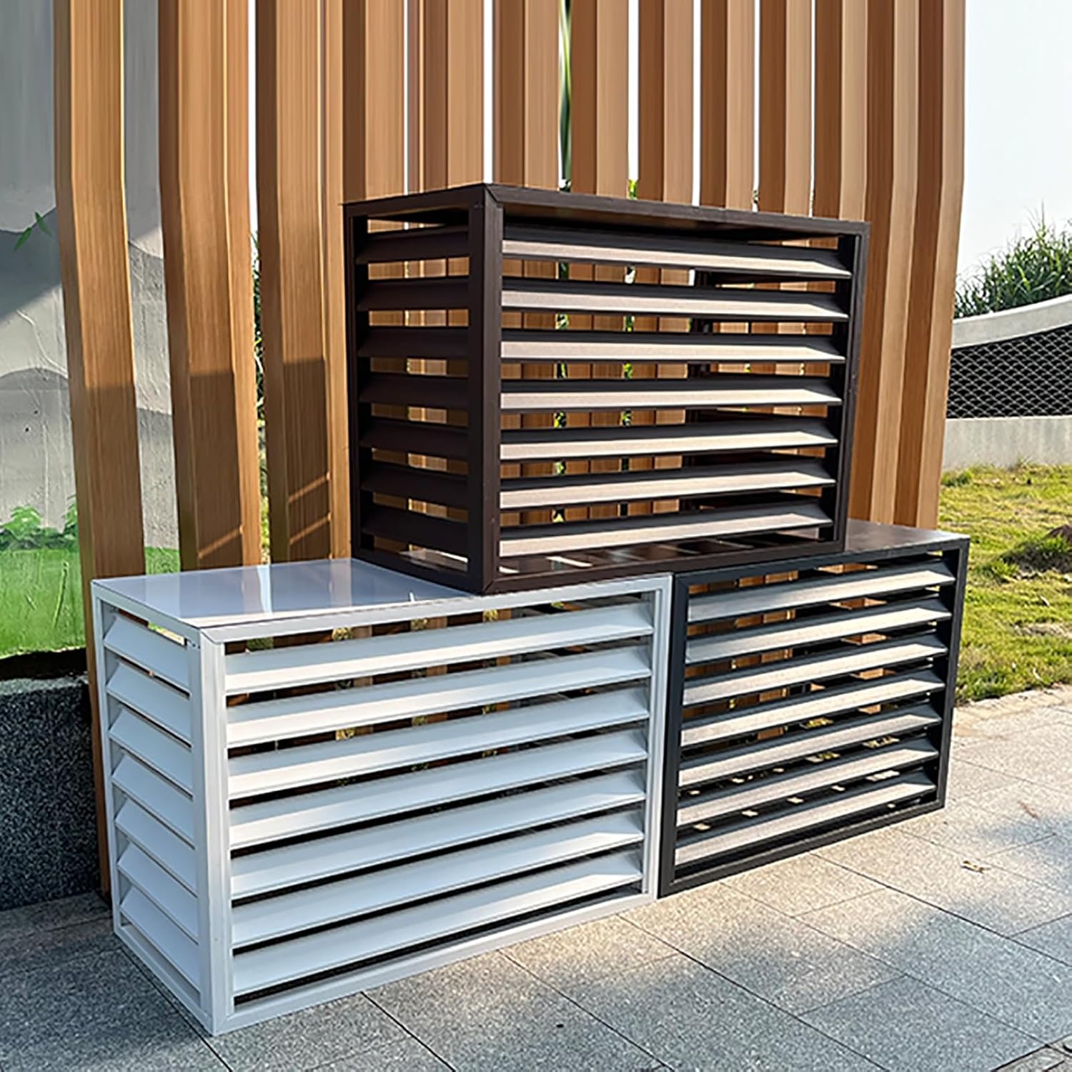 Ac Covers for Outside Air Conditioner Cover Fence Ac Unit Cover Metal, Noise Reduction, for Outdoor Hide and Privacy Brown 3 Sides for 2~3
