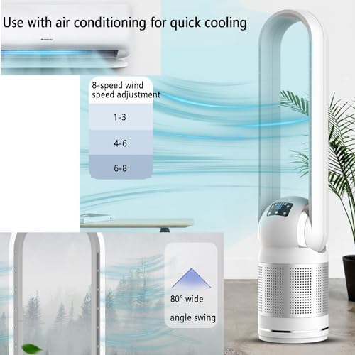 Air Circulation Fan/Bladeless Fan/Tower Fan/Floor Fan, Physical Cooling: 0.4-0.8 ℃, Oscillating Head Wide-Angle Wind, Remote Control, 8 Wind Speeds, Timing, Suitable for a Variety of Scenes(Gold)