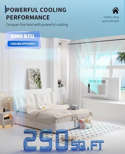 6000 BTUs Window Air Conditioner, Smart Window Air Conditioner Unit Cooling for 250 Sq.Ft, Remote & App Control, Quiet 50dB, Includes Window Kit, 115V/60Hz, White