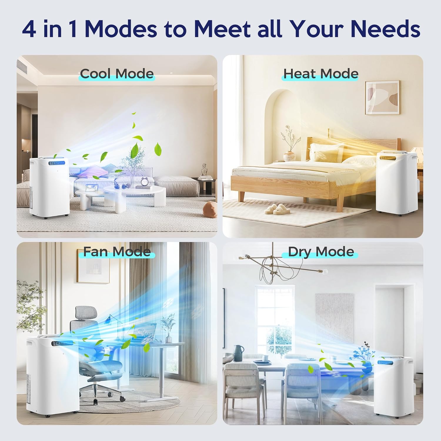 14000 BTU Portable Air Conditioners with Heater, Remote Control, 4-in-1 Free Stand Smart Cooling AC Unit with Heating, Dehumidifier, Fan Mode for 550 to 700 sq.ft Room,Auto Swing,Timer,White