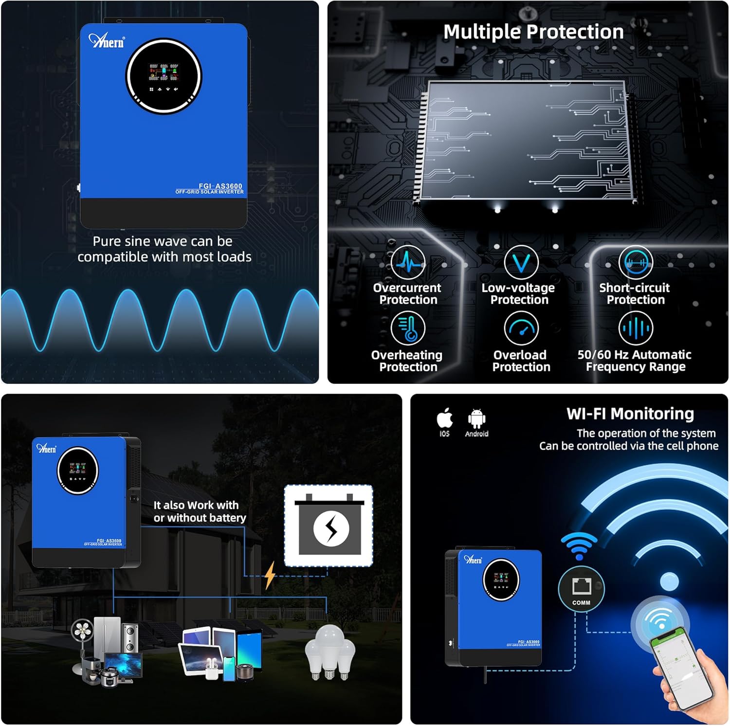 Anern 3600W Solar Inverter Charger 24VDC to 110VAC All in One, Hybrid Voltage Converter with 120A Mppt Charge Controller, Pure Sine Wave Power Two AC Output for Battery-Less or AGM Lithium Battery