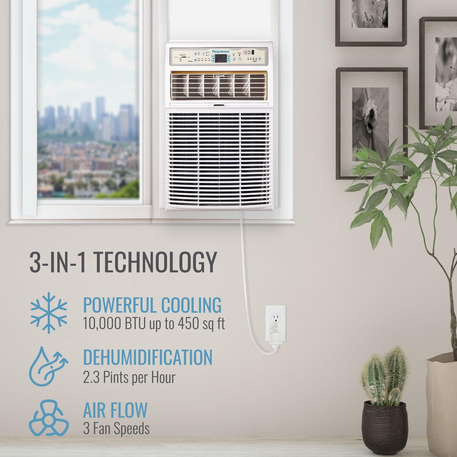 Keystone 10,000 BTU Slider Window Air Conditioner and Dehumidifier, 115V Air Conditioner Window Unit for Bedroom, Living Room, and Small-Medium Sized Rooms up to 450 Sq.Ft, 4-Way Air Direction Control