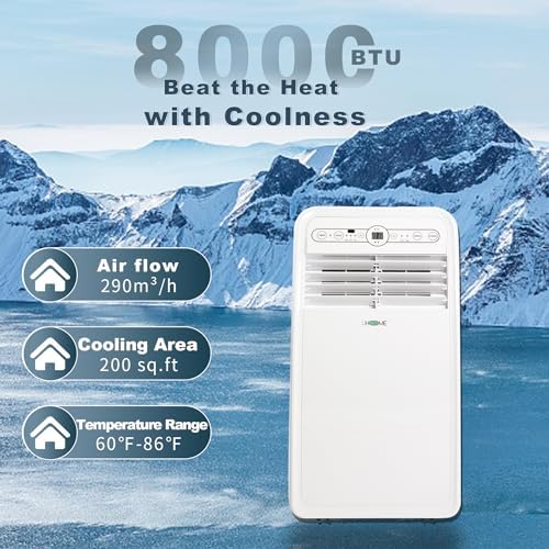 Uhome 8000 BTU Portable Air Conditioner, with Cooling, Dehumidifier, Fan, Remote Control and Window Mount Kit Included, White, 24H Timer