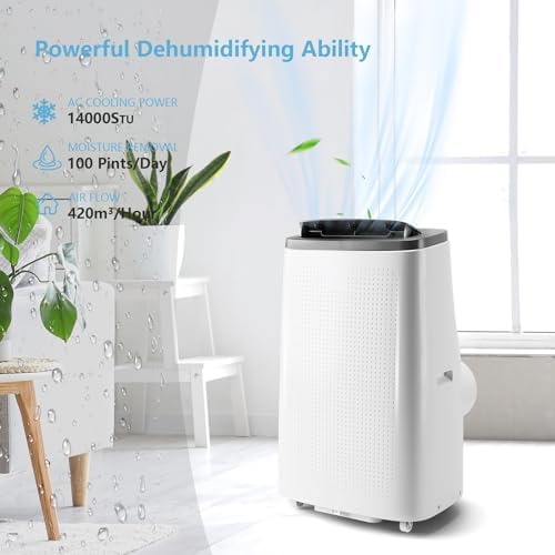 14000 BTU Portable Air Conditioner, 4-In-1 Energy Efficient Room AC for Cooling Areas Up to 750 Sq. Ft. with Remote Control/Fan/Dehumidifier/Auto-Oscillator/24 Hour Timer, Living Room/Bedroom, Gray