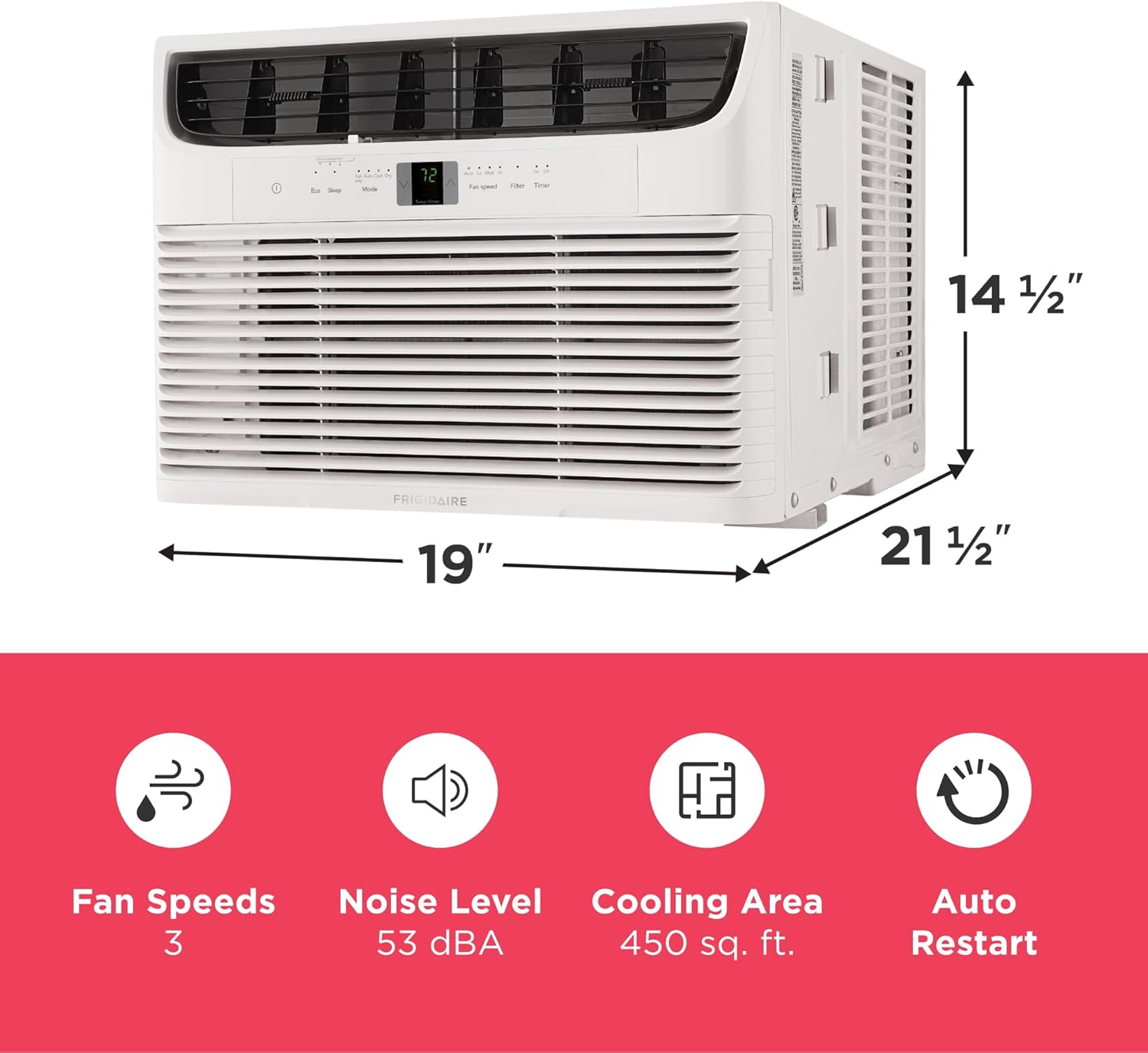 Frigidaire 10,000 BTU Window Air Conditioner with Remote Control, Cools Up to 450 Sq. Ft., Quiet Operation, Eco Mode, 3 Fan Speeds, Auto Restart, White