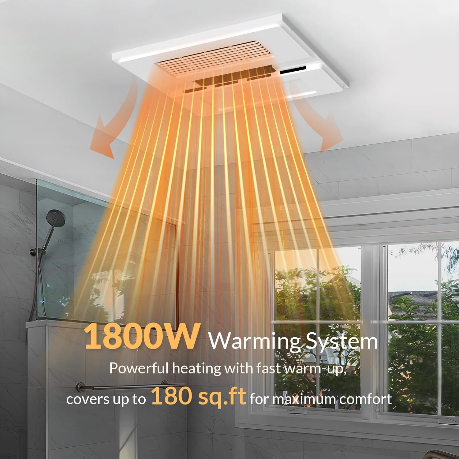 1800W Bathroom Exhaust Fan with Light and Heater, 110 CFM 4-in-1 Ceiling Vent Fan, 1.0 Sone Quiet Operation, 11.2” x 11.2” Ceiling Cutout, 13.8” Grille, 6500K LED Light, Metal Housing