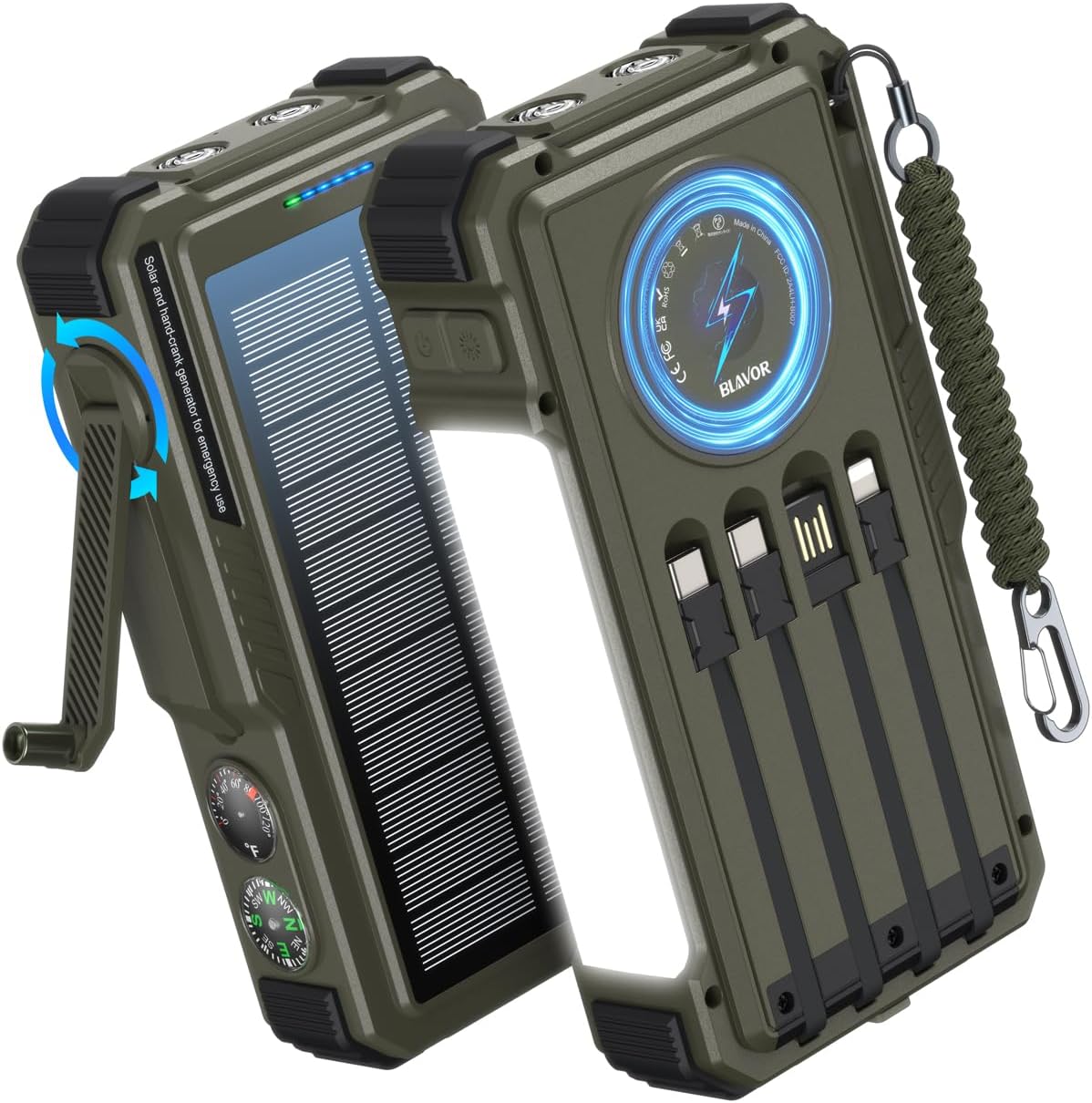 BLAVOR Solar Power Bank with Hand Crank and 4 Cables, 20000mAh Wireless Portable Charger with USB C & Camping Light, 20W Fast Charging Battery Pack for iPhone, iPad, Samsung, All Mobile Phones