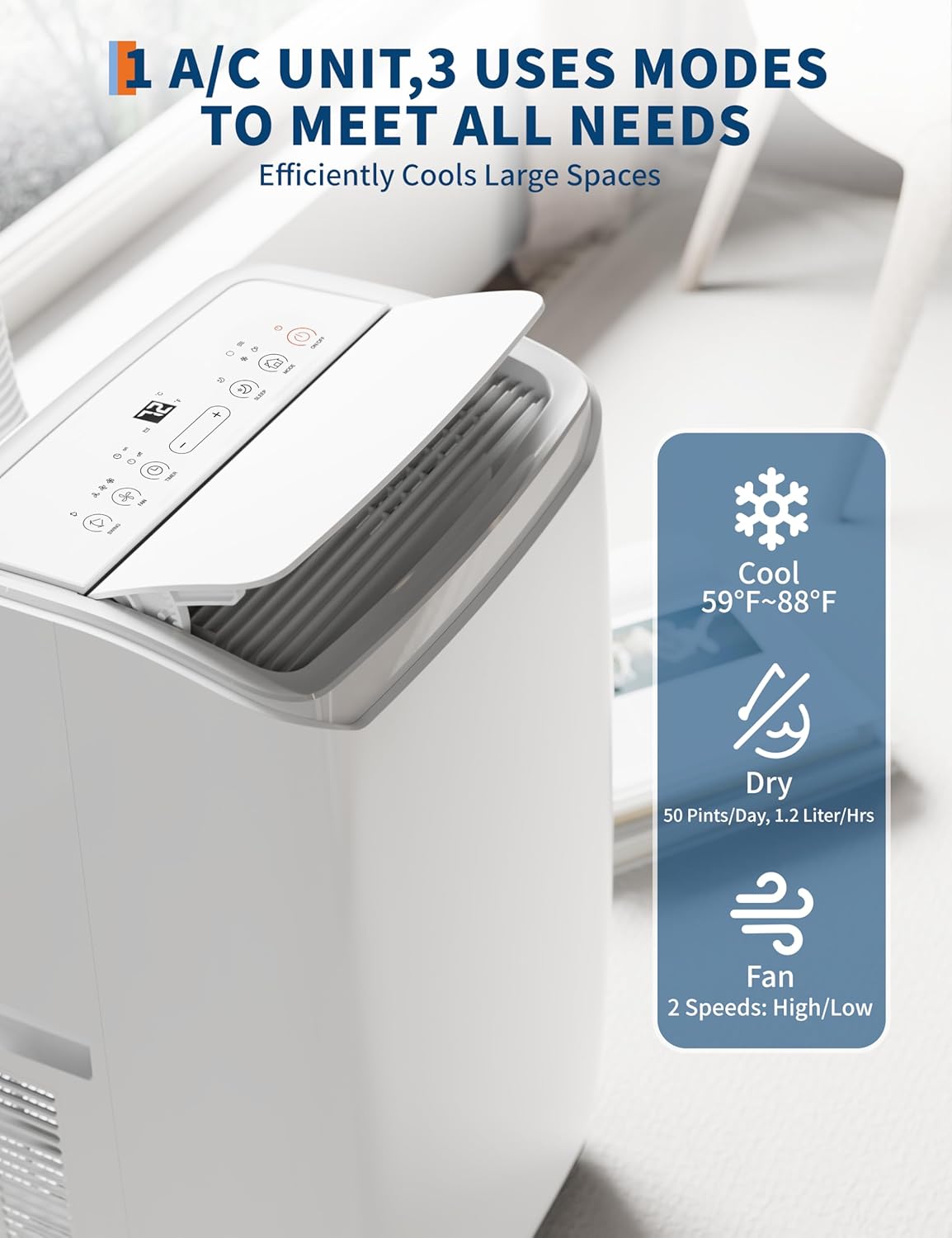 Portable AC Unit for Bedroom, 12000 BTU Air Conditioner for Rooms up to 550 Sq.Ft, 3-in-1 Energy Efficient AC Unit for Room with Fan, Dehumidifier 24H Timer & Remote Control, White