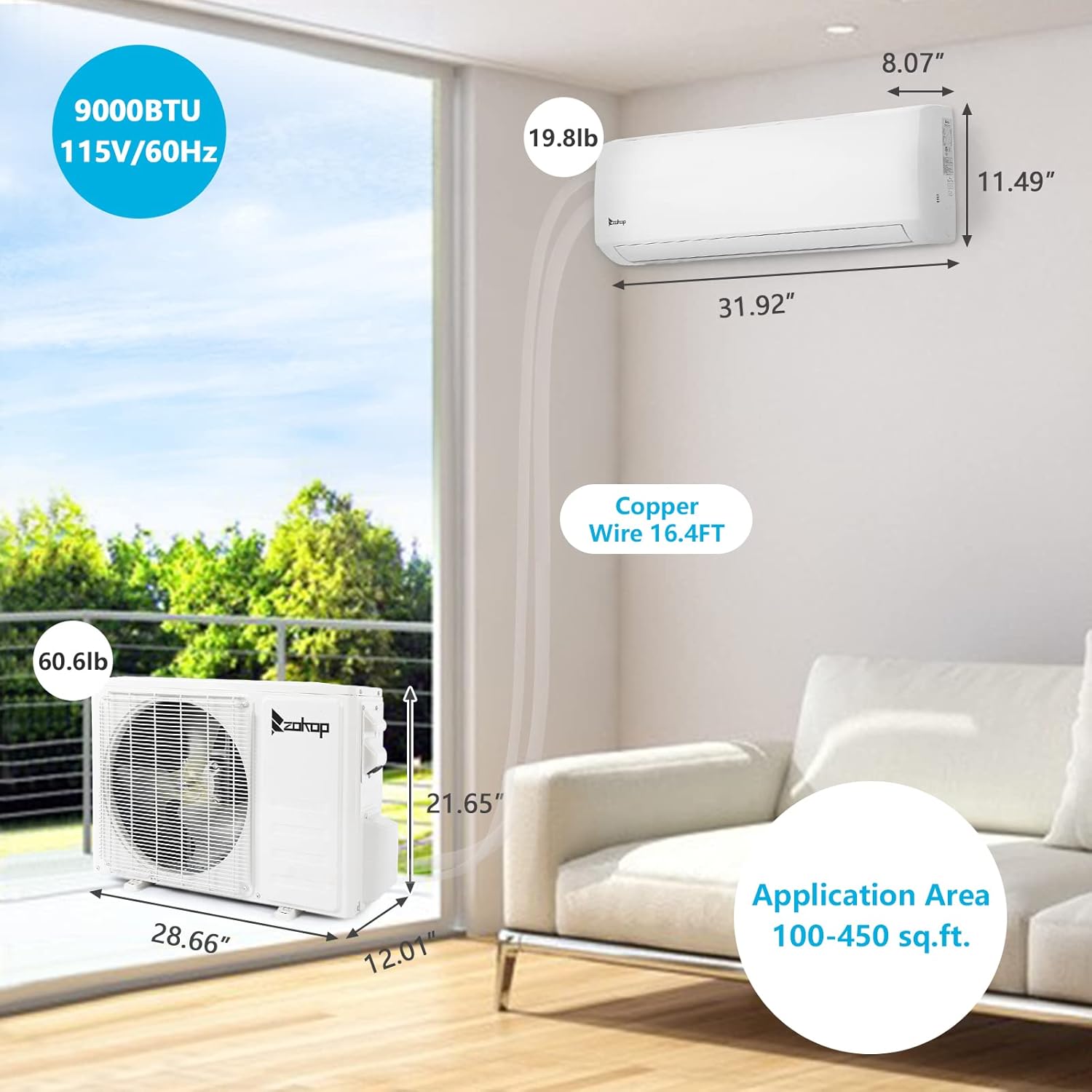 Winado 9,000 BTU Mini Split Air Conditioner & Heater Ductless Inverter System, 19 SEER 115V Split-System Air Conditioning with Pre-Charged Condenser, Heat Pump, Remote Control, Cools Up to 450 Sq. Ft.