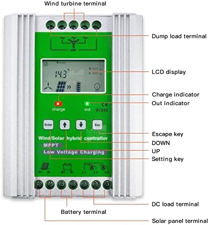 15000W Hybrid Charge Controller for Wind & Solar - Intelligent Digital Control with LCD Display (12V/24V/48V - 800W Wind + 1000W Solar) - Efficient Renewable Energy Solutions