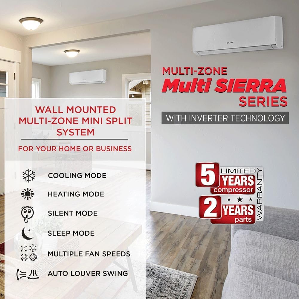 OLMO 24,000 BTU Dual Zone 12000 + 18000 BTU Wall Mount Ductless Mini Split A/C and Heater with 16ft Installation Kits