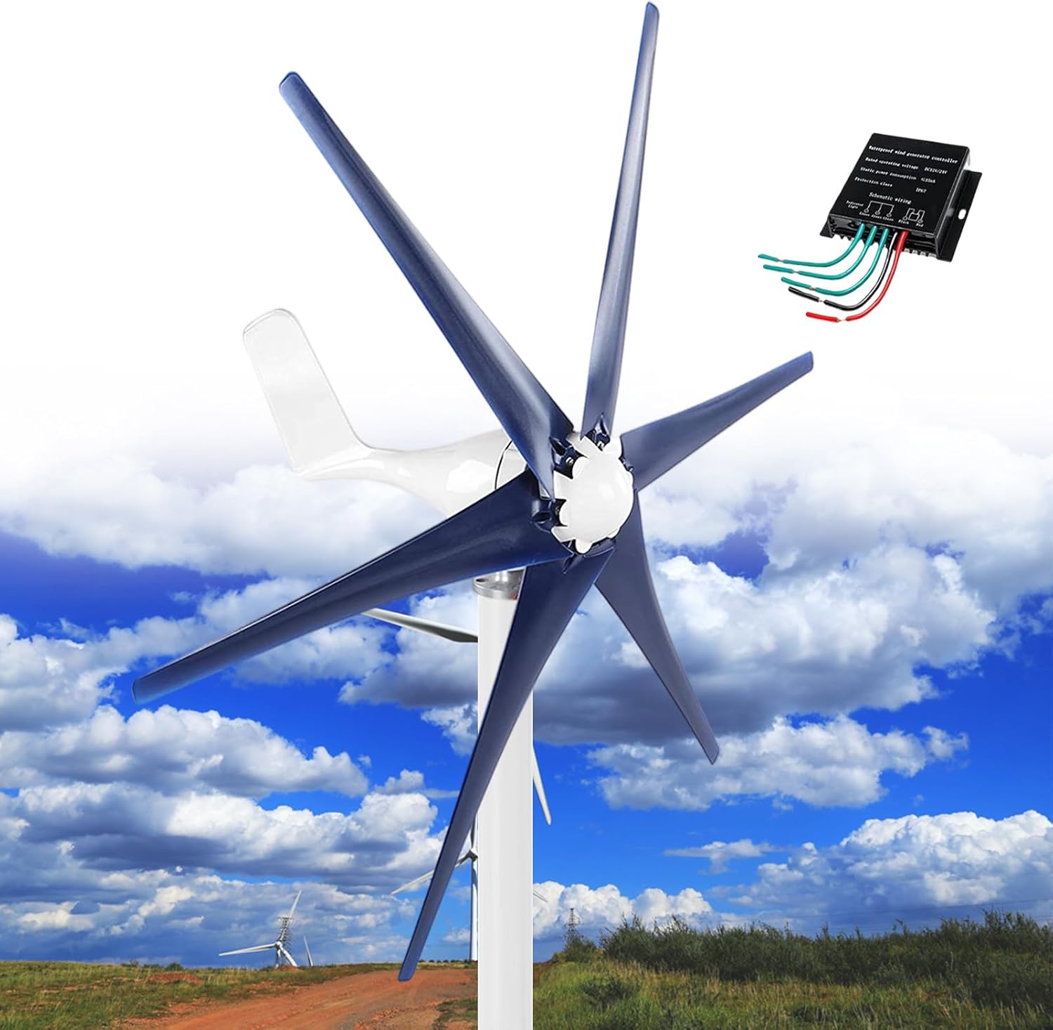 12000W Wind Turbine Generator, Windmill Generator 12V/24V/48V Wind Turbine 5 Blade Wind with MPPT Controller, 3 Phase AC Generator Turbine Kit for Boats, Terraces, Cabins or Home,Navy-48V