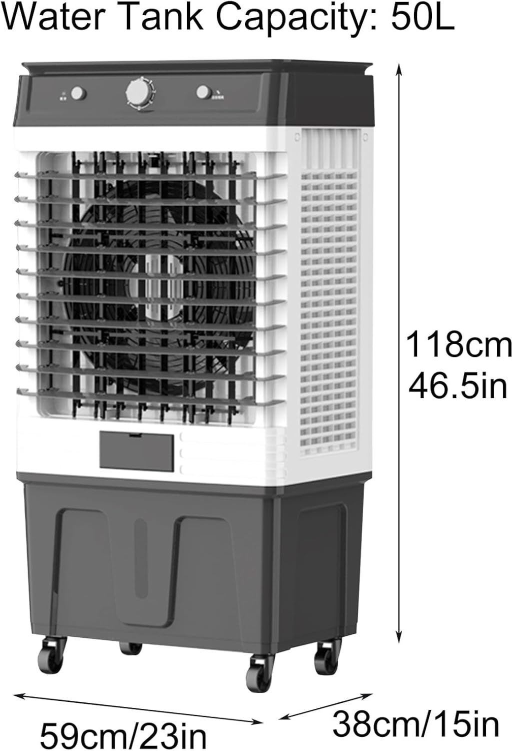 Swamp Cooler Air Conditioner, Evaporative Cooler, 7000 CFM Portable Evaporative Air Cooler, 50 L/13 Gal Water Tank, 3 Speeds, 4 Ice Boxes, Touch, for Room Garage Patio(118x38x59cm)