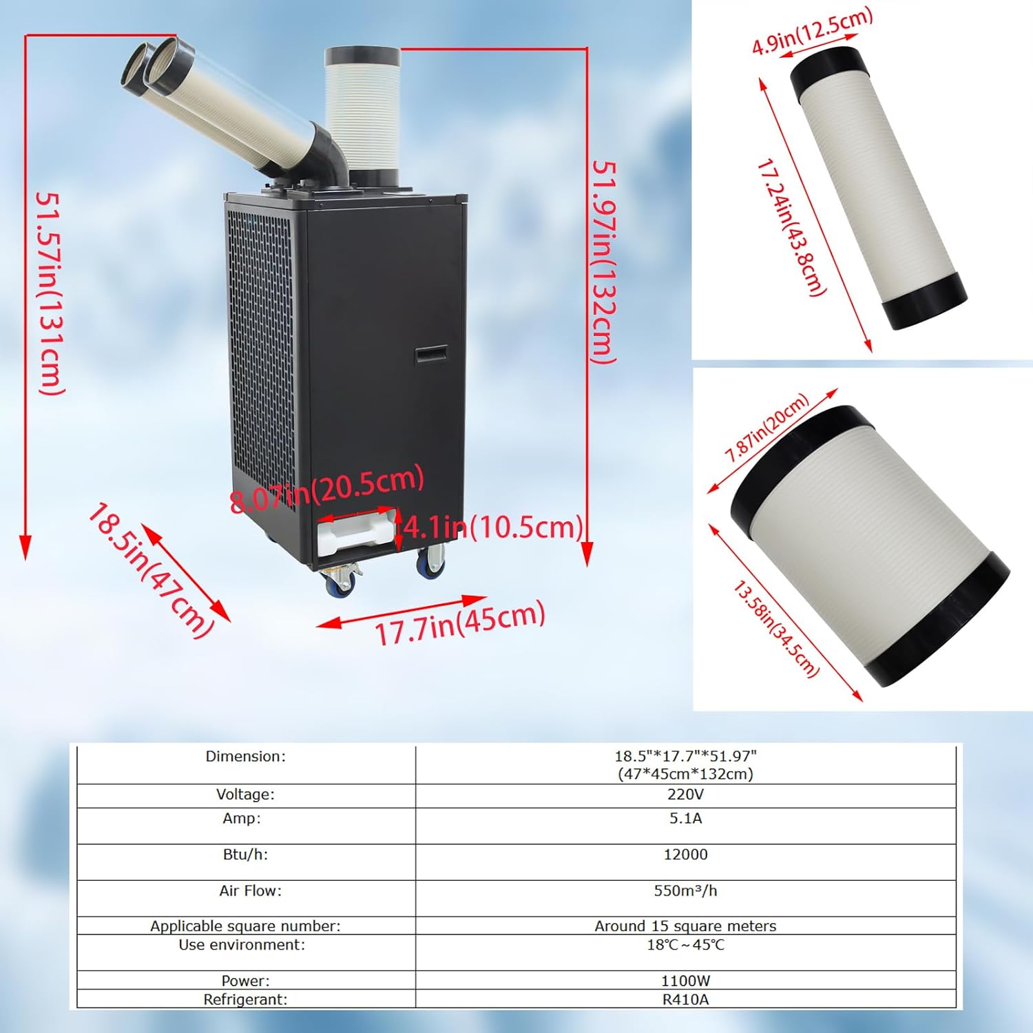 220V Industrial Air Conditioner 550m³/h Spot Cooler Commercial Portable Mobile Air Conditioner, 12000BTU/H 1100W