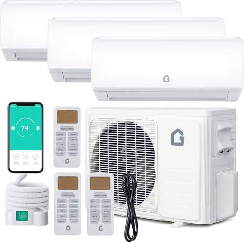 28000 BTU Tri Zone WIFI Mini Split AC/Heating System, 20 SEER2 3 Zone 9000 + 9000 + 9000 BTU Ductless Split Air Conditioner with Pre-Charged Condenser, Heat Pump & Installation Kits, 208-230V