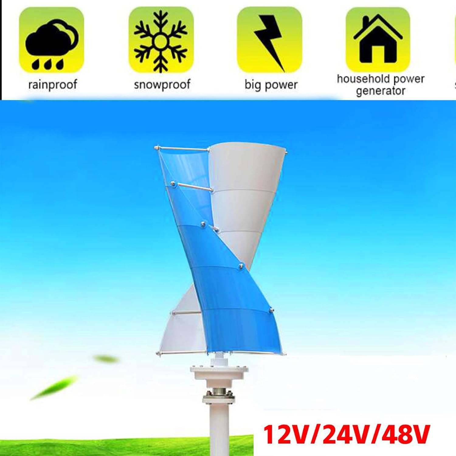 2000W Vertical Spiral Wind Turbine - Noiseless Magnetic Levitation Generator for 12V/24V/48V Systems, Ideal for Outdoor Patios, Blue Color, Eco-Friendly Energy Solution