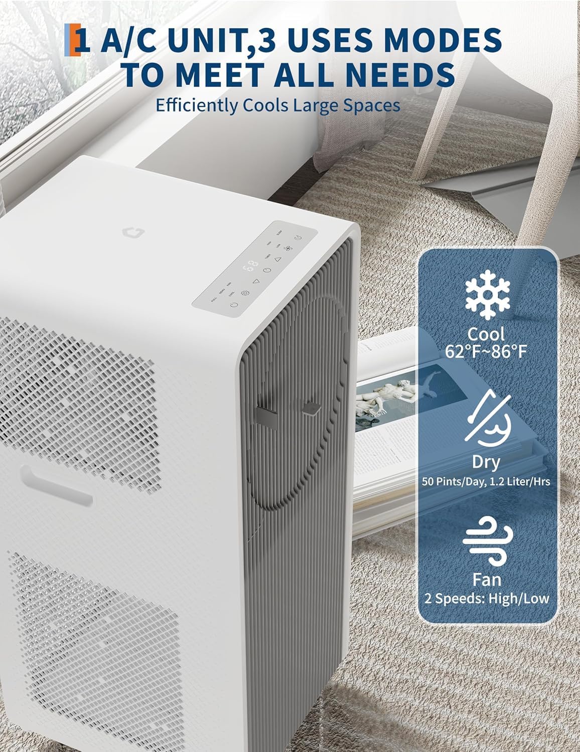 14,000 BTU Portable Air Conditioner – 3-in-1 Smart AC Cooling, Dehumidifier & Fan for Rooms up to 750 Sq.Ft with Remote Control, 3 Speeds, Sleep Mode & Whisper-Quiet Operation for Bedroom