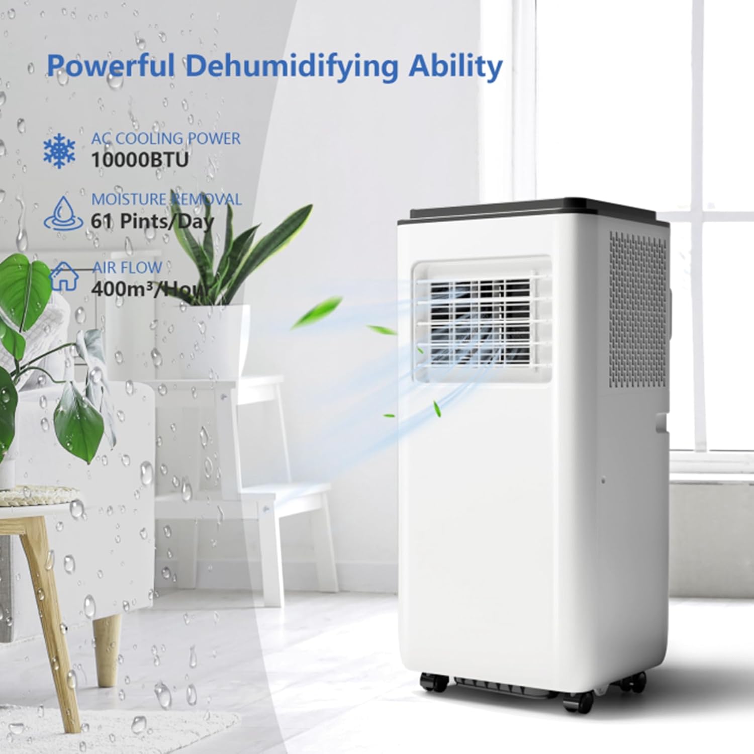 10,000 BTUs Portable Air Conditioner, Cools up to 450 Sq. Ft. with Remote Control, 3-in-1 Standing AC Unit, Cooling, Dehumidifying, Fan Mode, LED Display for Bedroom, Living Room