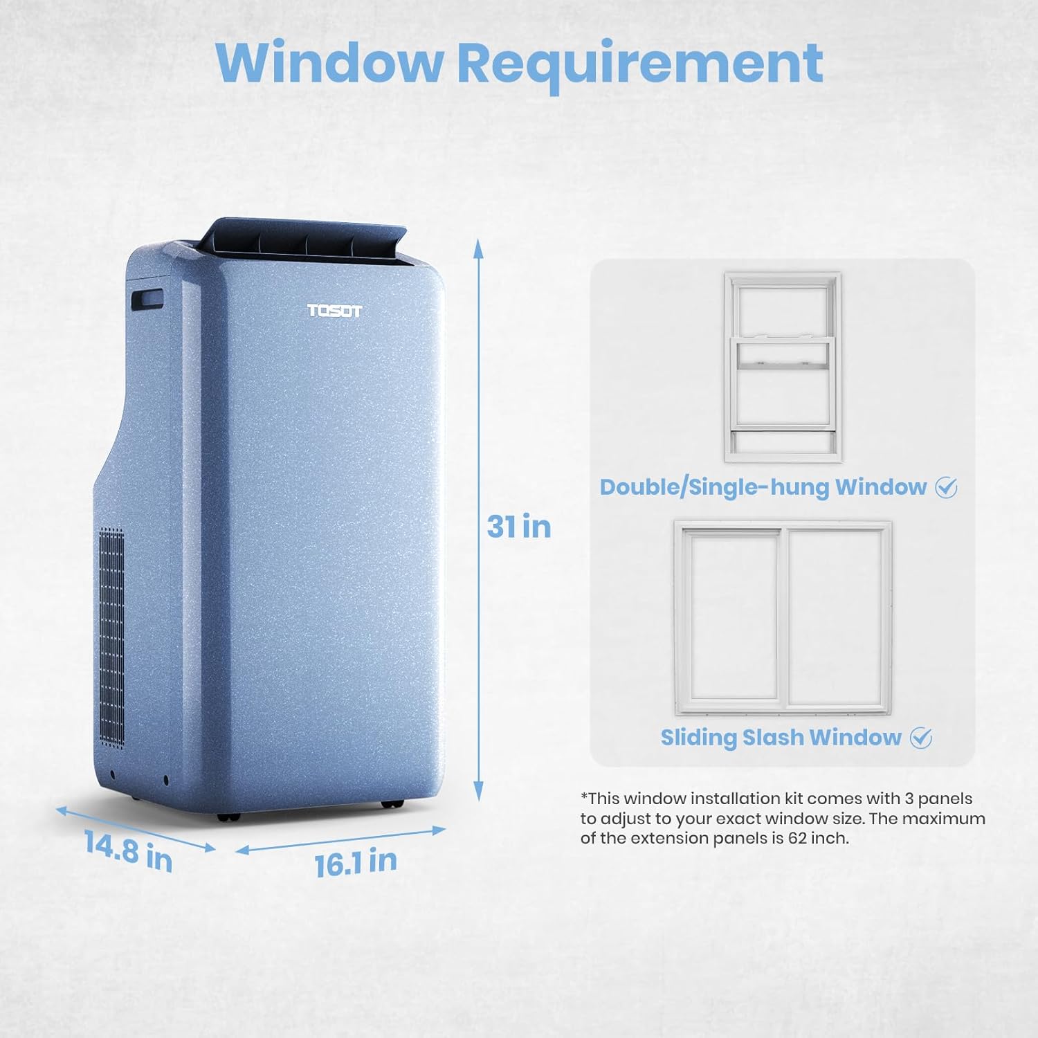 TOSOT 14,000BTU (9,600 BTU SACC) Wifi Portable Air Conditioner with Heating Mode, Cooling, Dehumidifier, Fan, Auto Swing, 24H Timer, for Large Rooms Up to 600 sq ft, AOMI Series, Steel Blue