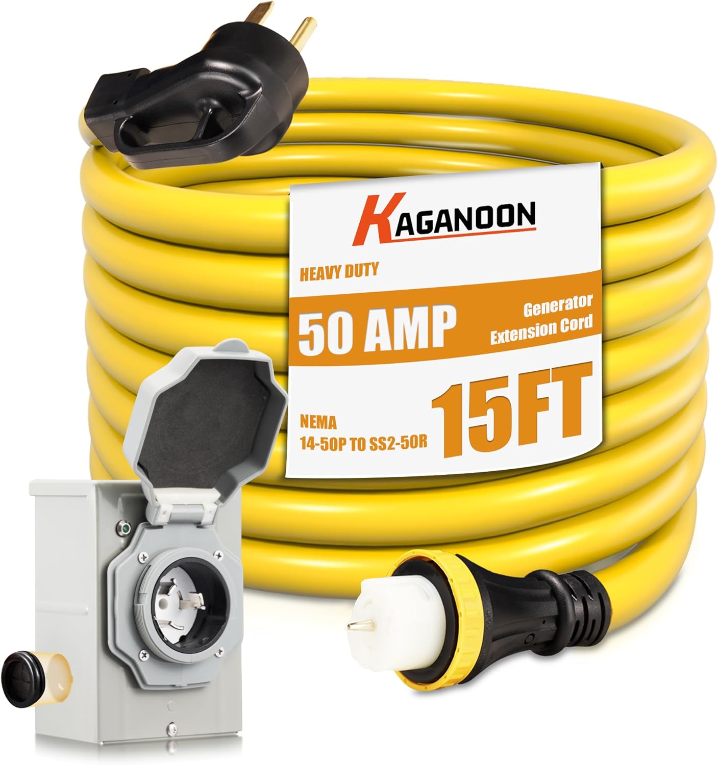 50 Amp 15FT Generator Cord and Inlet Box Kit, NEMA 14-50P to SS2-50R, 125/250V, Heavy Duty Extension Cord, Pre-Drilled Inlet Box, Waterproof Twist Lock Connector, ETL Listed for RV Camper