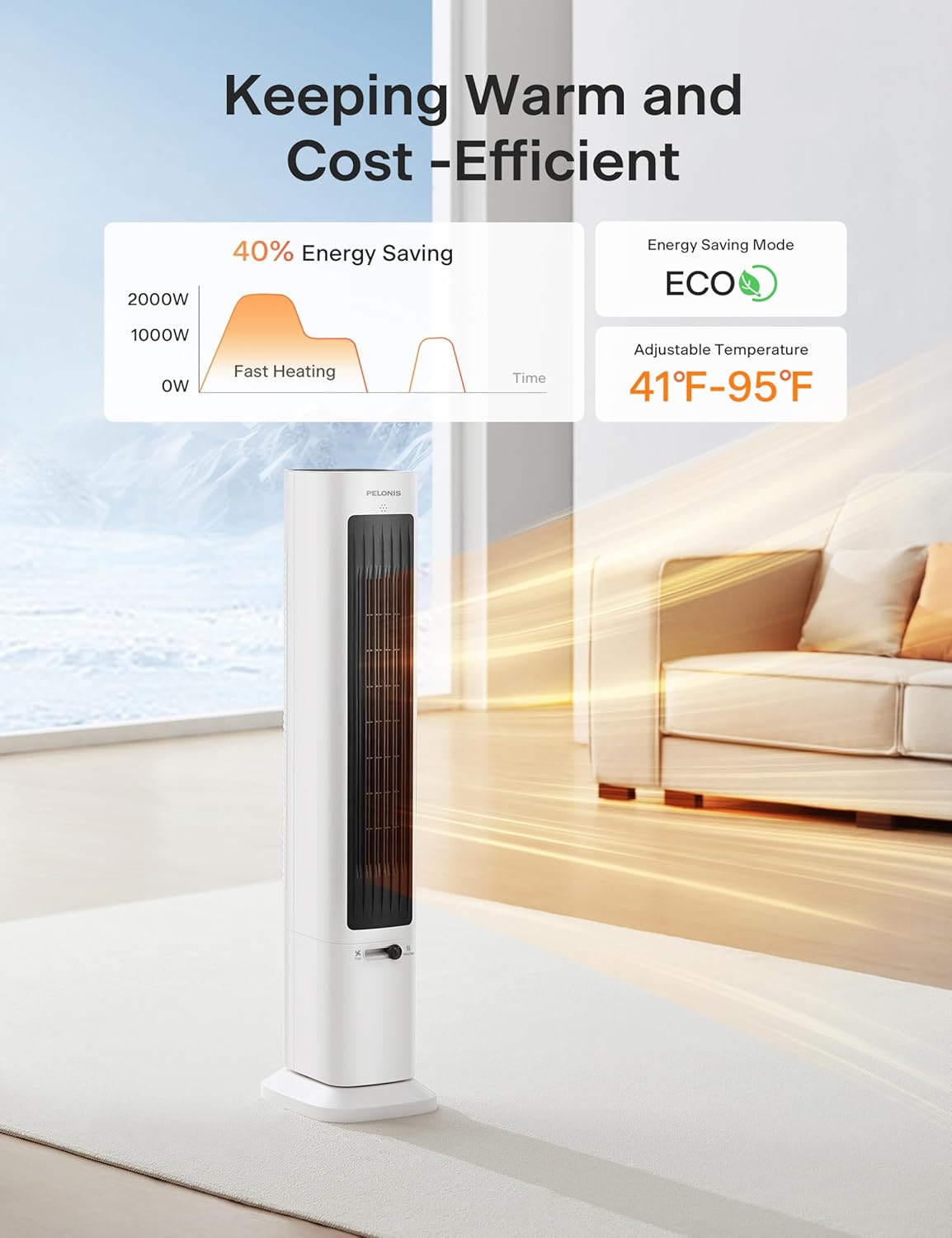 PELONIS Oscillating Tower Fan and Heater Combo with Remote Control - Heater Fan Combo for Indoor Use – 3 Fan and 2Heater Speeds, 12-HR Timer, ECO Mode, Tip Over and Overheat Protection, White