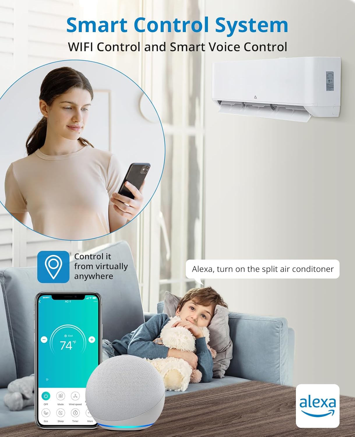 24,000Btu Split Air Conditioner, Mini Split AC/Heating System, WiFi Enabled Mini Split, 23 SEER2, 230V Inverter with Pre-Charged Condenser