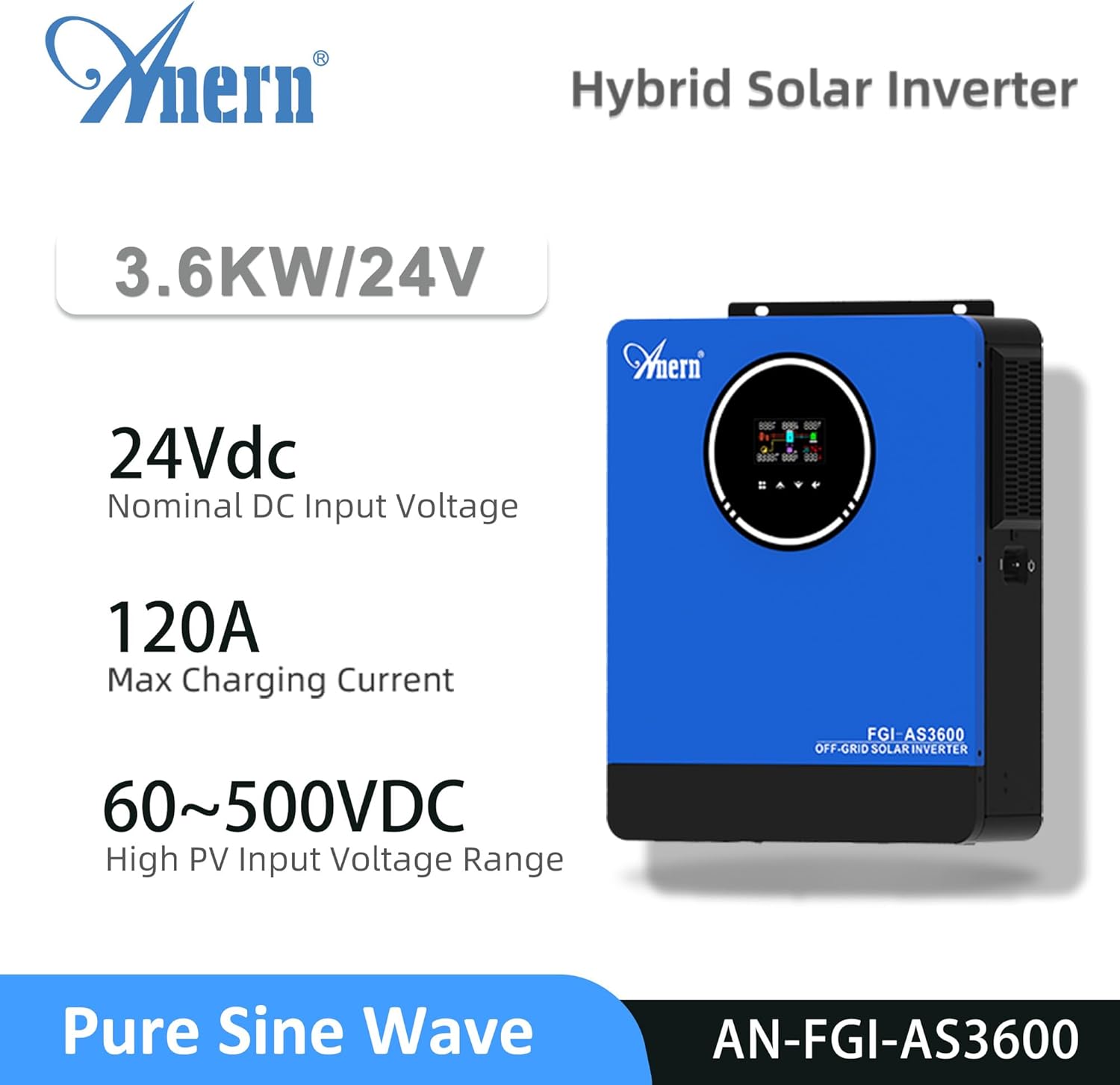 Anern 3600W Solar Inverter Charger 24VDC to 110VAC All in One, Hybrid Voltage Converter with 120A Mppt Charge Controller, Pure Sine Wave Power Two AC Output for Battery-Less or AGM Lithium Battery