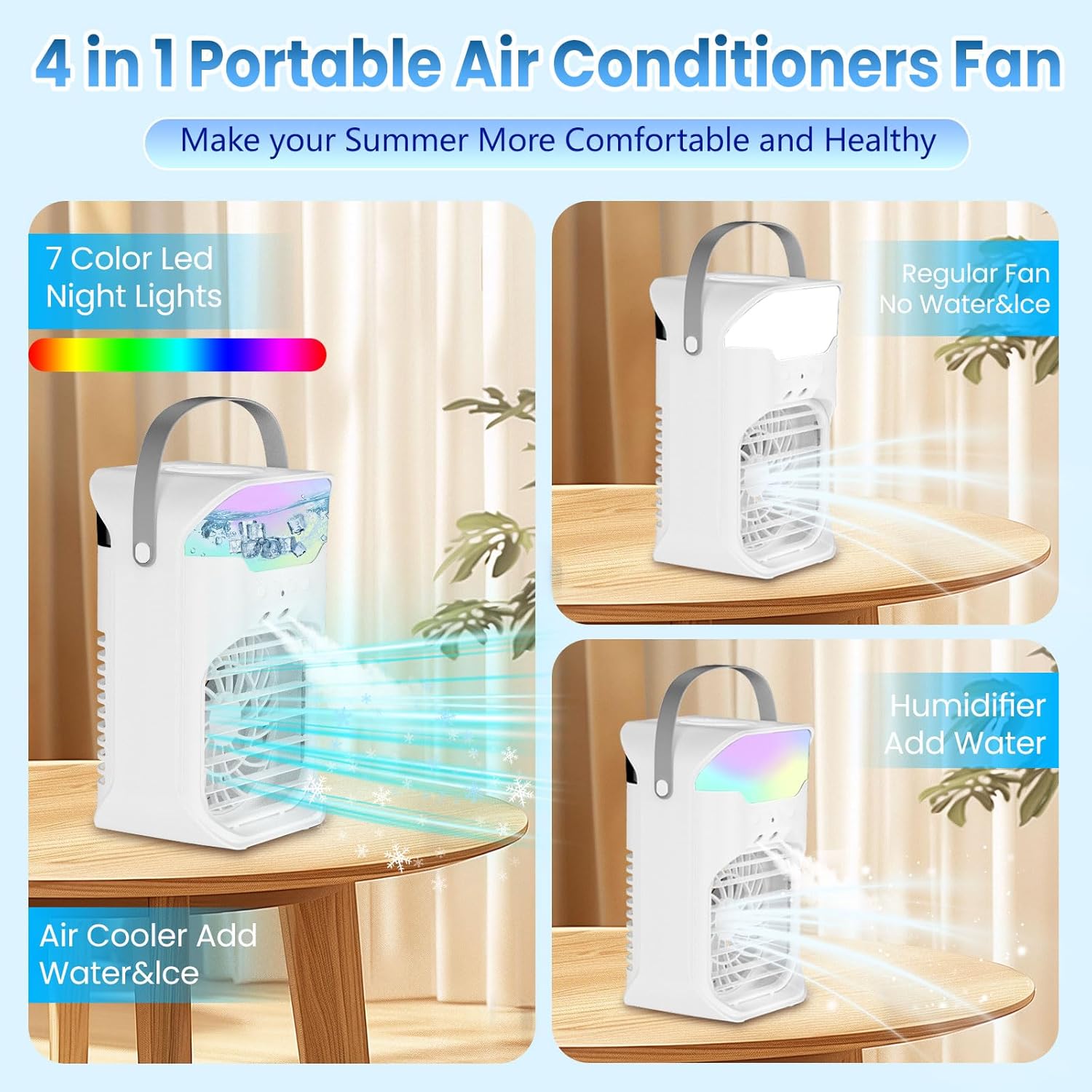 IWENNUAN Portable Air Conditioners, 4 in 1 Portable AC Unit with Remote, 1500ml Water Tank, 3 Speeds, 6H Timer, 2 Spray Mist, 7 Night Light, Personal Mini Air Conditioner for Bedroom