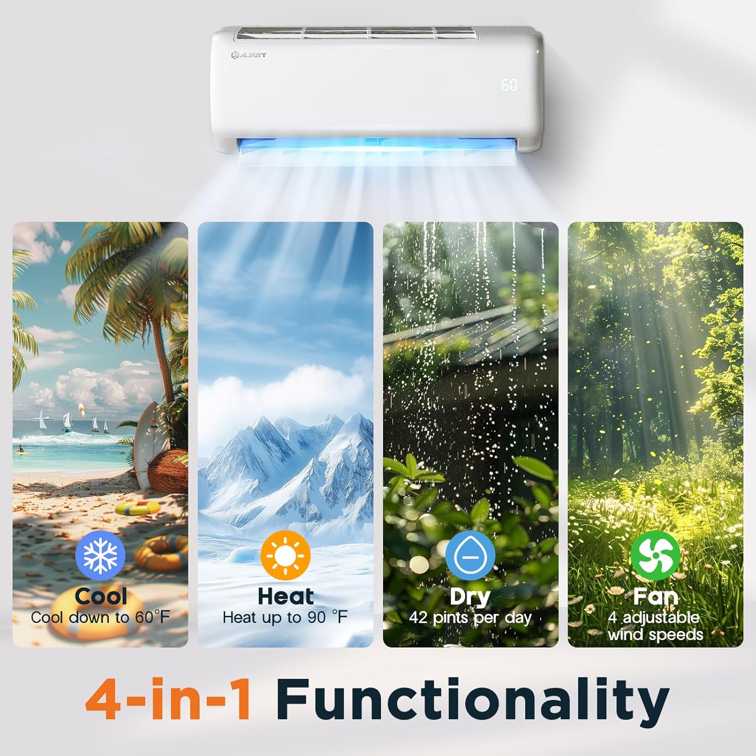 Albott 9100 BTU Mini Split Air Conditioner and Heater, SEER2 20.5, 115V, Inverter Heat Pump AC with Wi-Fi Smart Control, Remote, Alexa Voice Assistant, Self-Cleaning, Cools up to 450 Sq. Ft.