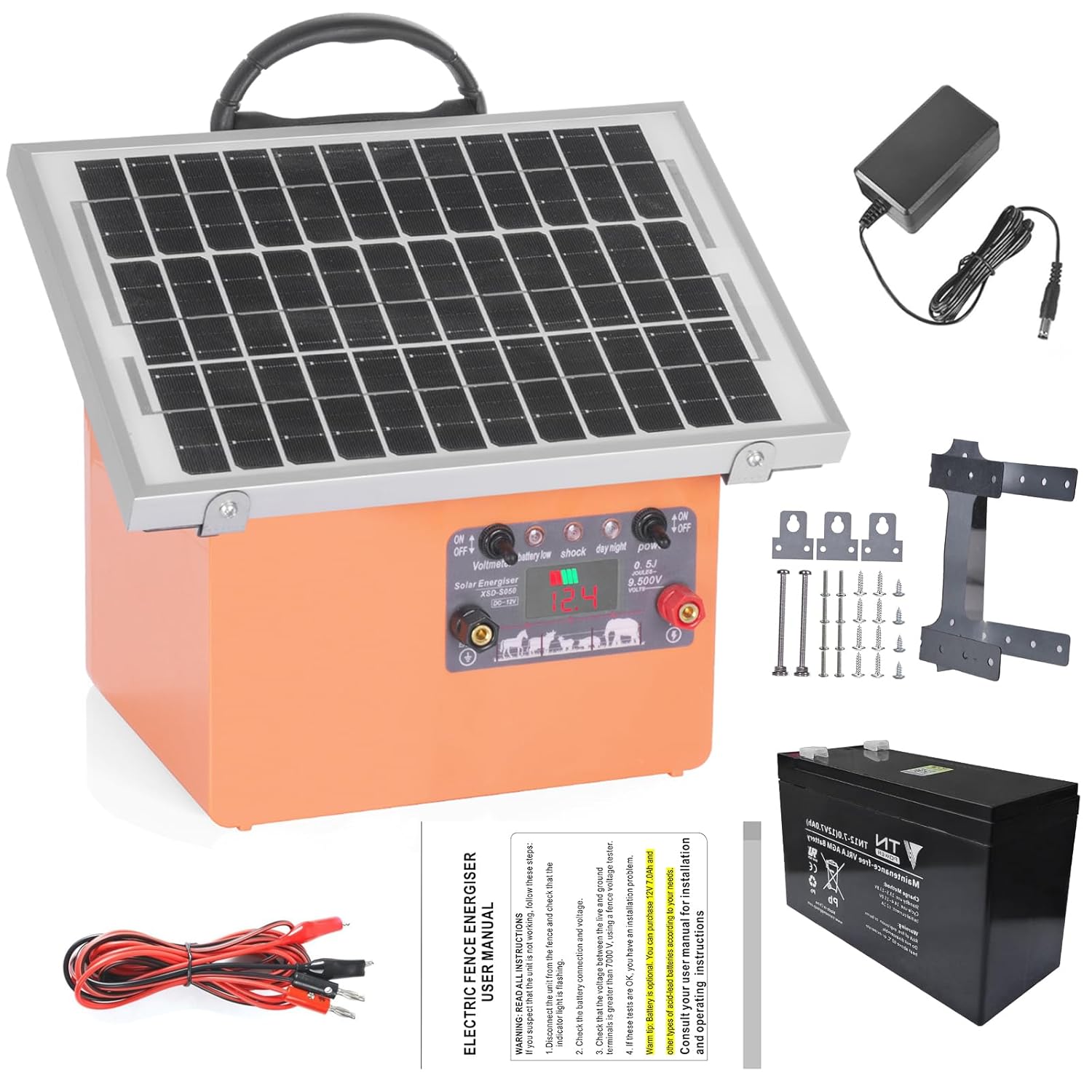 20 Miles Solar Electric Fence Charger,0.5 Joule Electric Fence Kit with 7.5W Solar Panel/7Ah Battery, IP65 Waterproof,Up to 9.5KV Output Portable Solar Fencer for Livestock Poultry