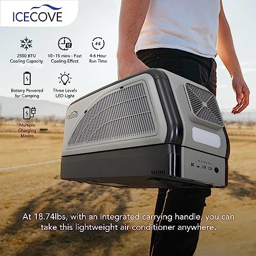 Sunjoy Portable Air Conditioner with Add-on Battery & Solar Panel, 2500BTU AC Unit, 250W Low Power Consumption, 25.5VDC, 2 Fan Speed, 3 Light Mode for Tent Camping RV Truck Van Life Home, Gray
