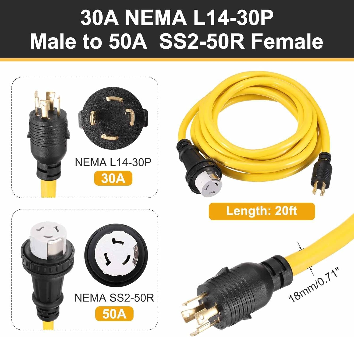 MECCANIXITY 20ft NEMA L14-30P to SS2-50R RV Marine Generator Transfer Switch Adapter Cord, 30A Generator Extension Cord L14-30P Male to 50A Marine Shore Power SS2-50R Female, 125V/250V