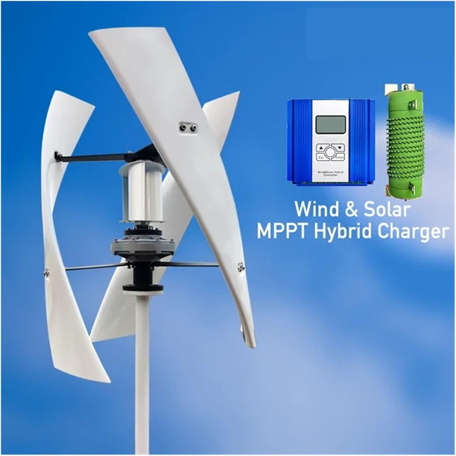 5KW Vertical Axis Wind Turbine Generator 24V 48V Low Noise Low Start Wind Speed Home Appliance for Off Grid System Output Industrial Energy(with Hybrid Charger,24V)