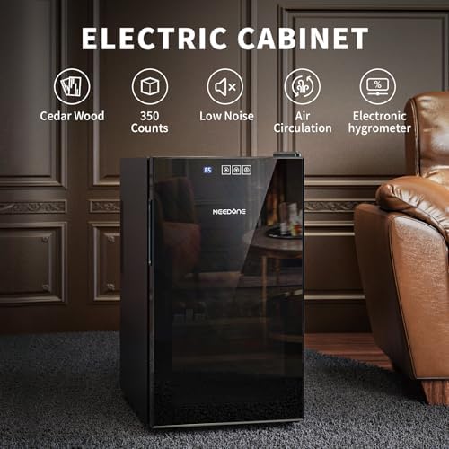 NEEDONE 300 Count Electric Cabinet, Made with Spanish Cedar Wood Shelves & Drawer with Hygrometer, LED Lighting, Cooling Function, Gift for Men