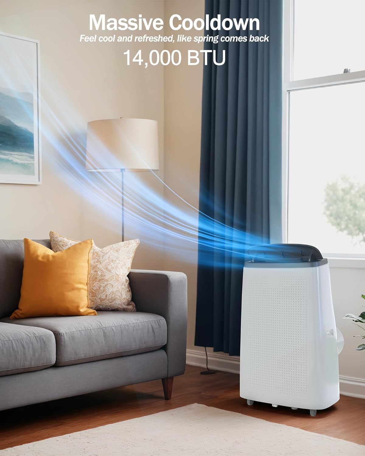 14,000 BTU 3-in-1 Portable Air Conditioner with Window Kit, Cools up to 750 Sq.Ft, 75-Pint Dehumidifier, 51db Ultra Quiet, 4-Way Airflow Remote Control, For Living room