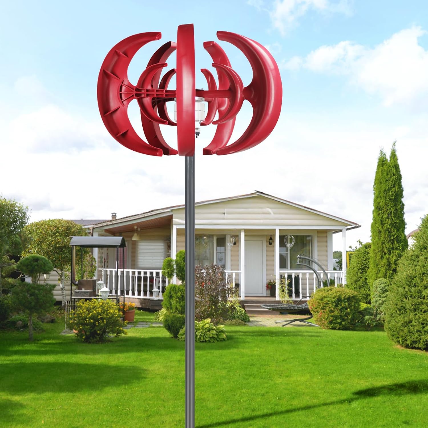 600W Vertical Axis Wind Turbine 5 Blade Quiet Design Home Wind Power System Compatible with Energy Streetlight Power Supply High Efficiency Electromagnetic Power Generation Equipment Red