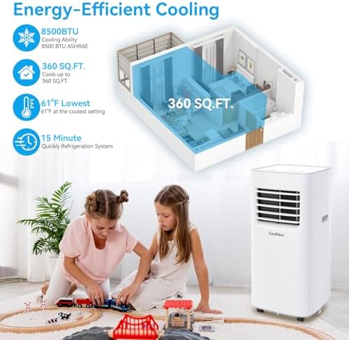 Portable Air Conditioners,8500 BTU air conditioner Cools Up to 360 Sq. Ft. 3 in 1 Portable AC with Remote Control,24H Timer, Smart Sleep Mode,Window Installation Kit & Filter Cleaning Brush