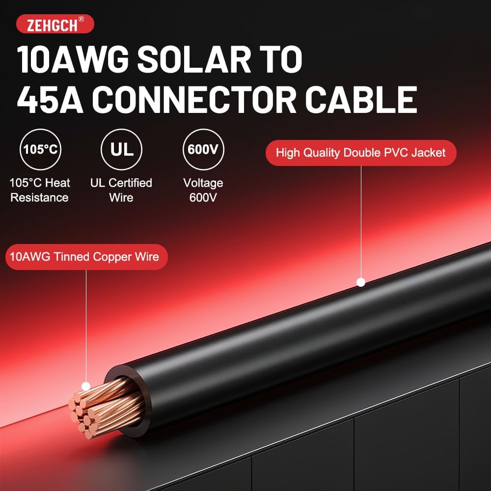 Solar Panel Cable Connector Kit with 10AWG Heavy-Duty Tinned Copper Charge Cable for Portable Solar Power Station and Battery Connections (50FT)