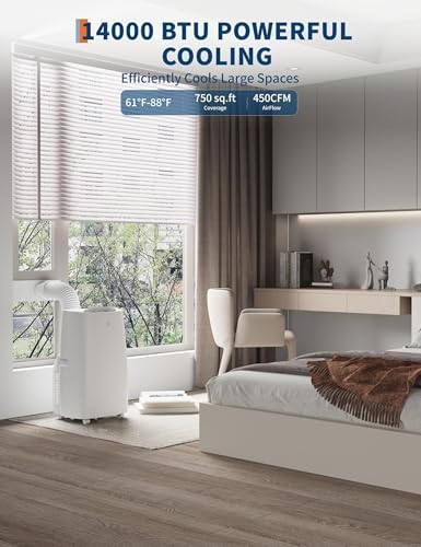 14000 BTU Portable Air Conditioner with Cooling, Dehumidifier and Fan Functions, Standing Cooling, Cools Up to 750 Sq. Ft., Remote Control, LED Display, and Window Venting Kit Included