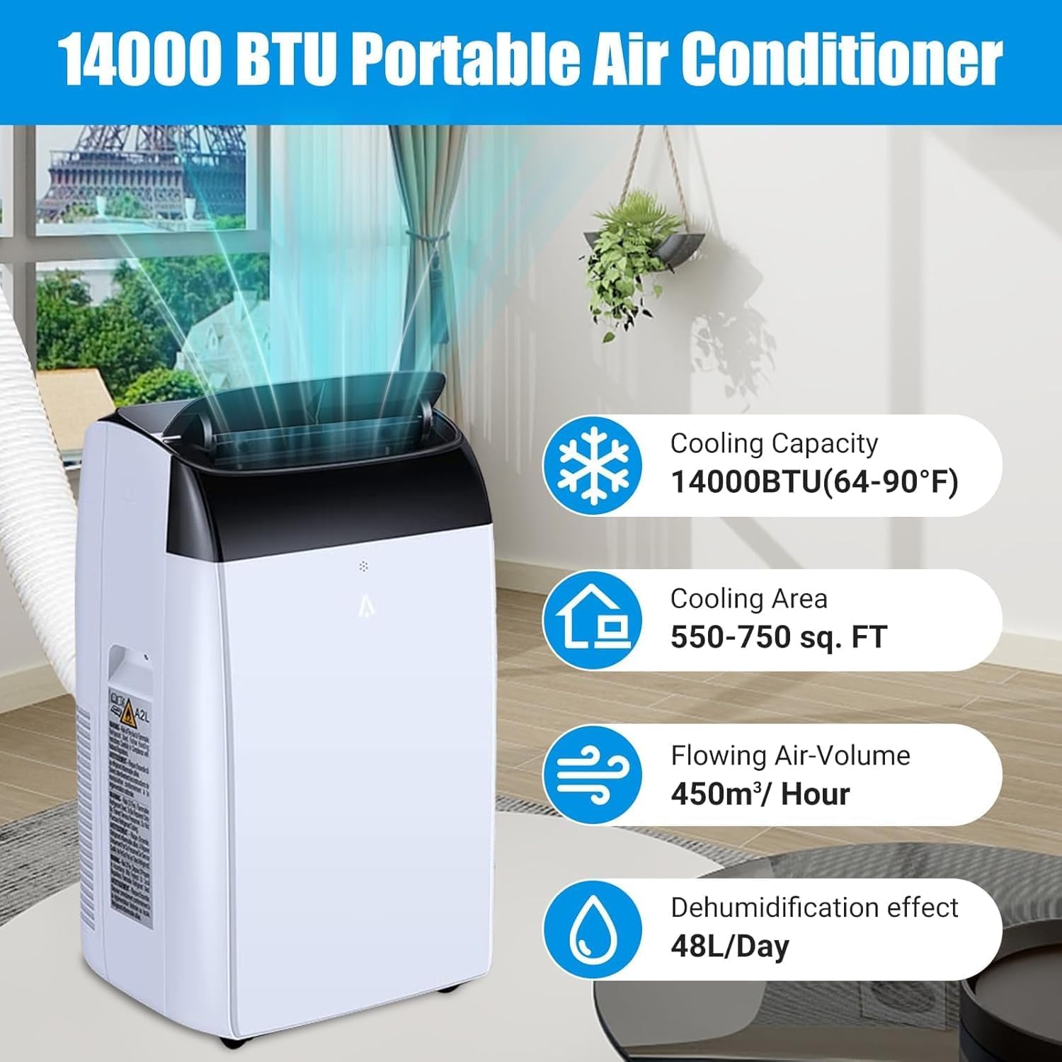 14,000 BTU Portable Air Conditioner with 3-in-1 Cooling, Dehumidifier & Fan, 3-Speed Settings, Sleep Mode, Easy Mobility, Ideal for Bedroom and Office, Sleek Black Top Cover Design