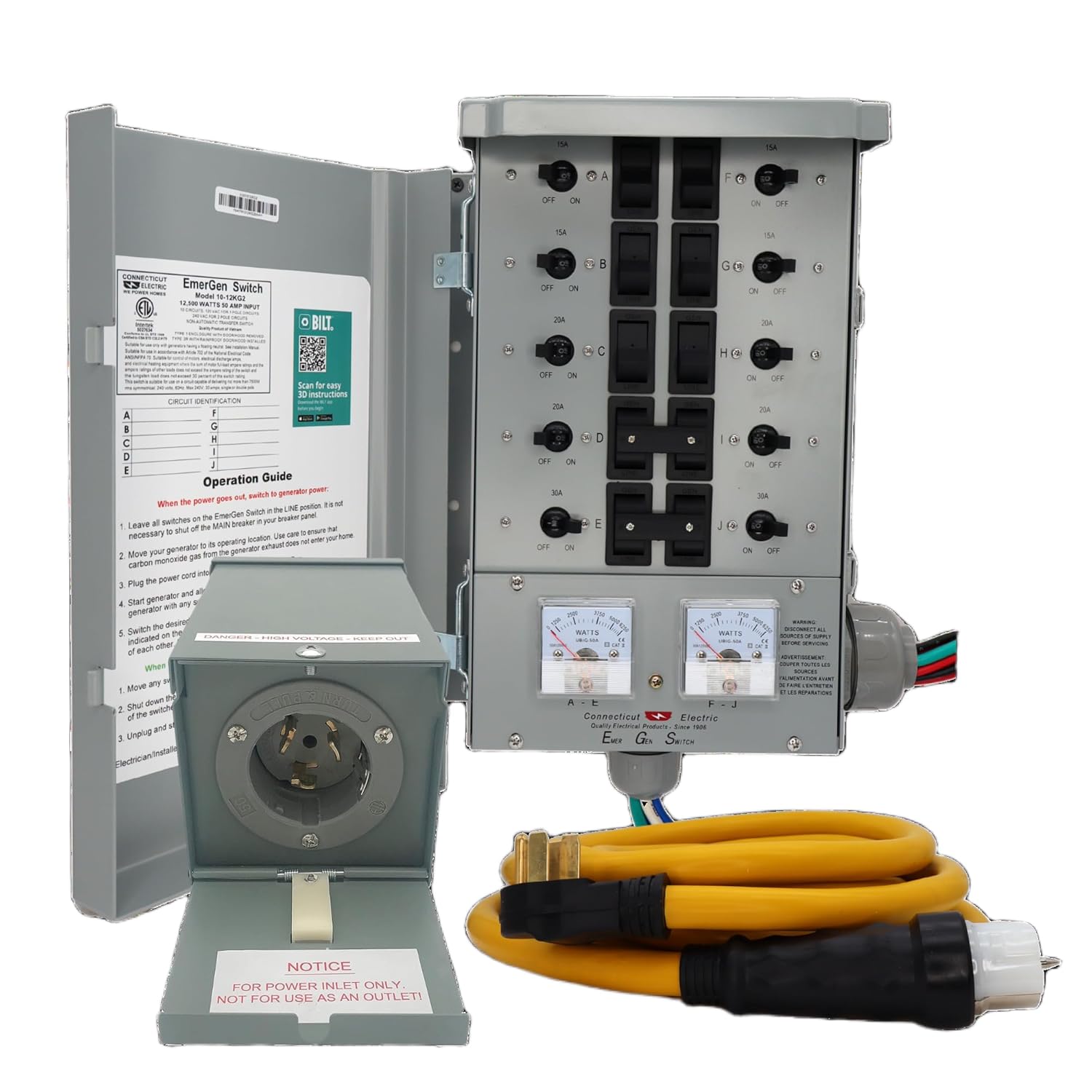 Connecticut Electric Series 2 Backup Power Manual Transfer Switch Kit, 50 Amp, 10 Circuits, with 25' Cord & Outdoor Rated 50A Inlet (Transfer Switch Kit - 25 ft Cord)