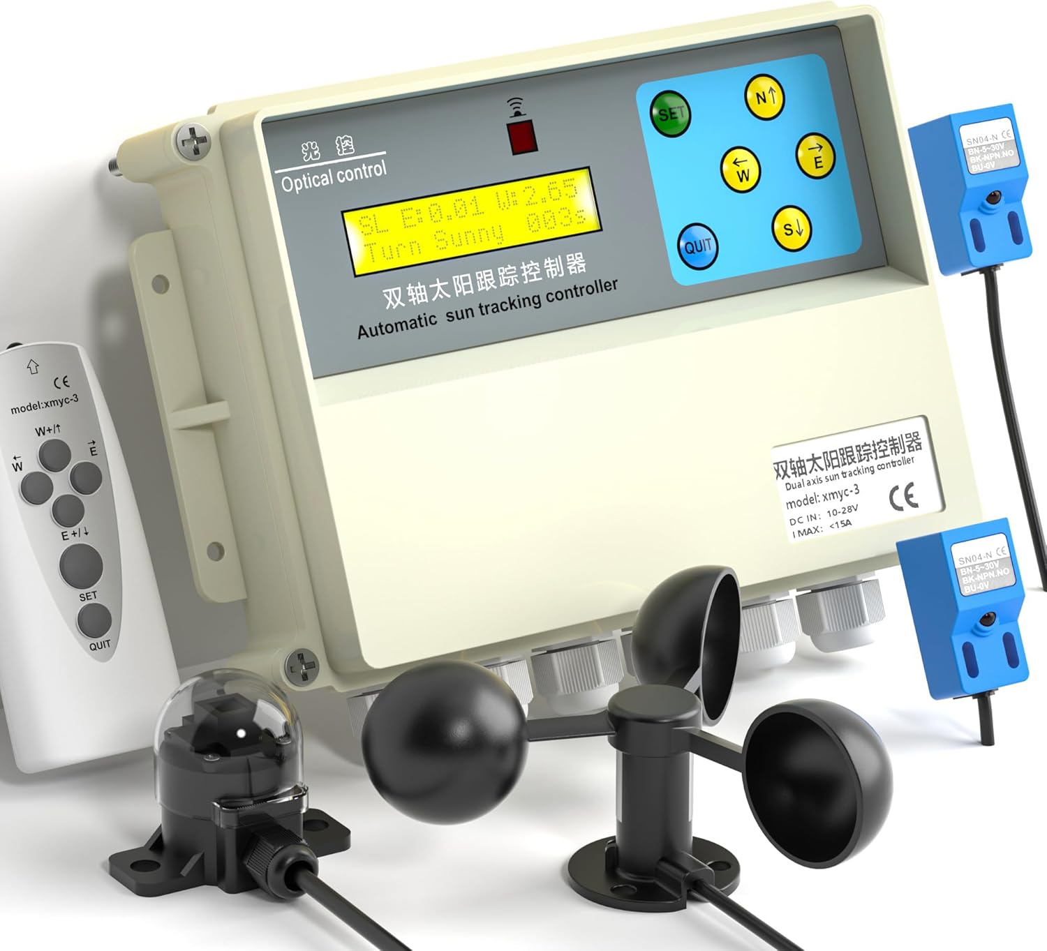 Dual Axis Solar Tracker Controller, Automatic Sun Tracking Controller, Solar Panel Solar Tracking System Control Kit with Sunlight Sensor, Wind Speed Sensor, 2 Limit Sensor, Remote Control