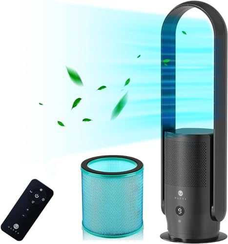 U ULTTY Bladeless Tower Fan and Air Purifier in one, True HEPA Filter 99.97% Smoke Dust Pollen Dander, Oscillating Tower Fan with Remote Control CR022D, Black