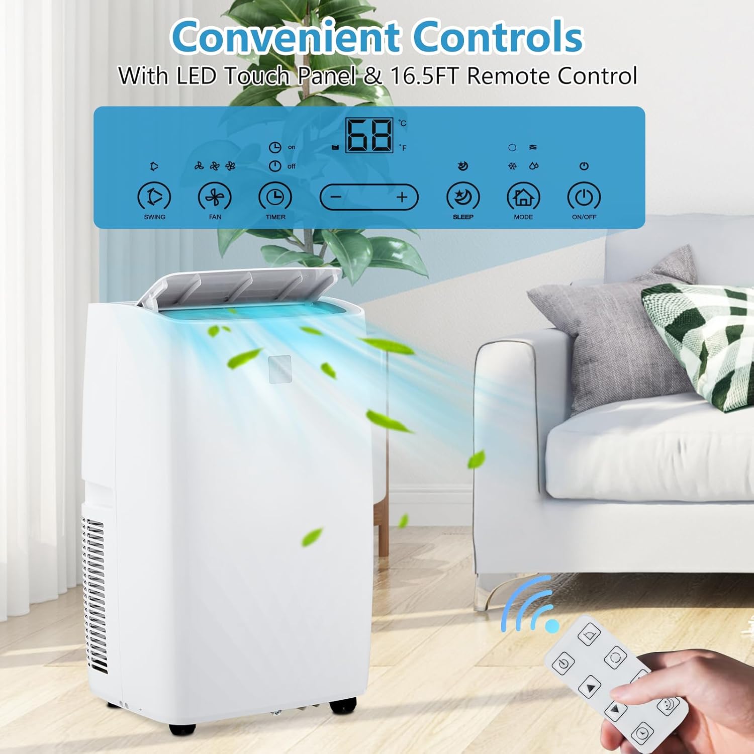 14000 BTU Portable Air Conditioner - 3-In-1 Cool/Fan/Dry, Low Noise, Cools Up to 750 Sq. Ft, Rolling Wheels, Remote Control, Perfect for Medium Rooms