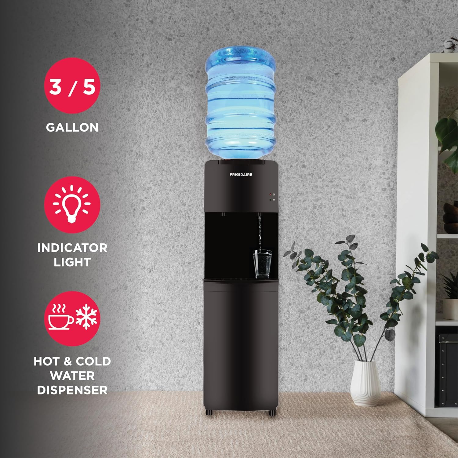 Frigidaire EFWC498 - Top Loading Cooler Dispenser -Hot & Cold Water - Child Safety Lock - Innovative Slim & Sleek Design, Holds 3 or 5 Gallon Bottles - Black