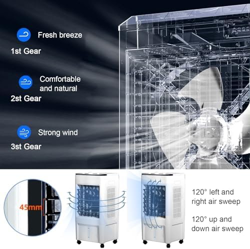 Evaporative Air Cooler, 3-in-1 Portable Air Conditioners, 12H Timer, 3 Speeds, 2.6 Gal Tank & 4 Ice Packs, 120°oscillation, Quiet Portable Ac for Room Bedroom Office