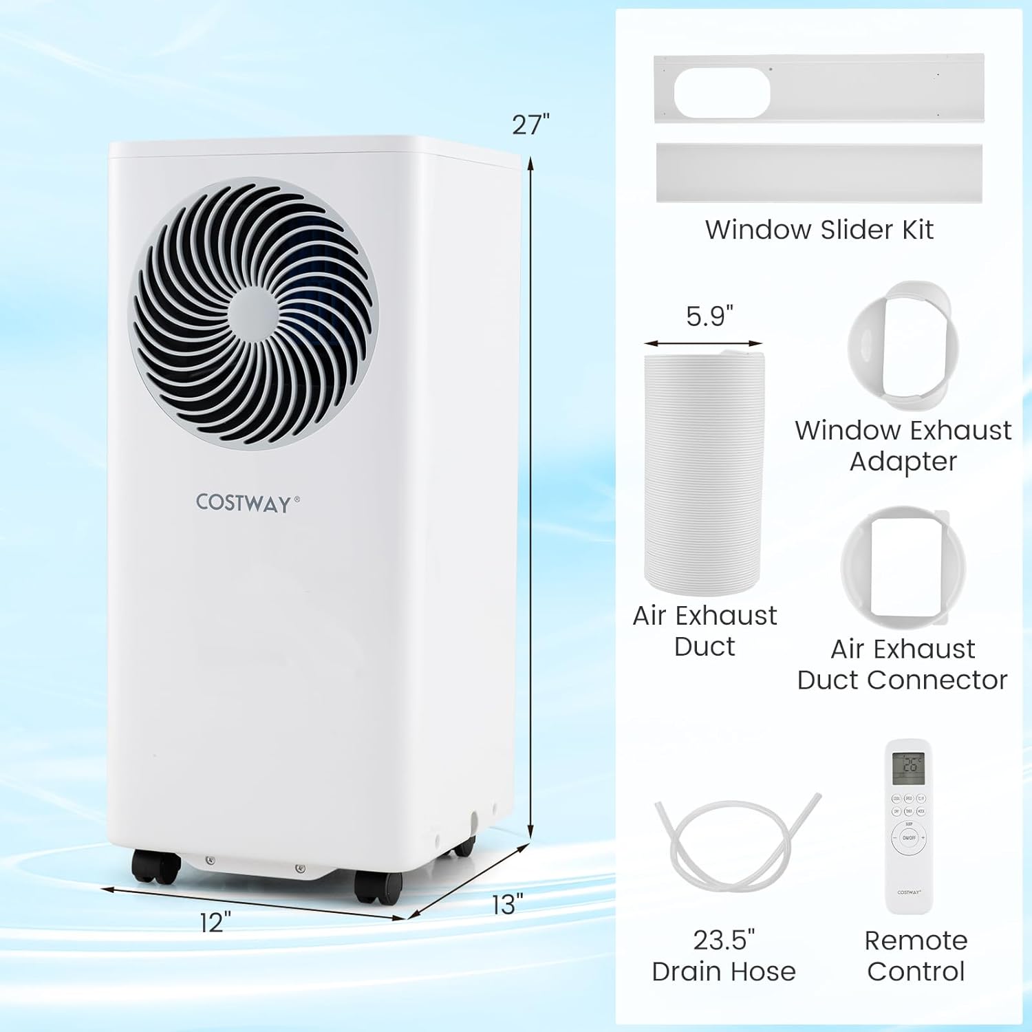 COSTWAY 10000 BTU Portable Air Conditioner, with Fan & Dehumidifier, 24H Timer, Sleep Mode, Remote Control, Drain Hose & Window Installation Kit, Cools up to 450 Sq. Ft (10000 BTU)