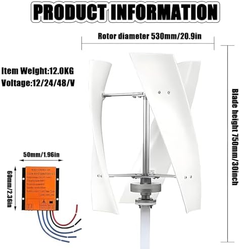 20000W Vertical Wind Turbine Kit, 12V/24V/48V, 3 Blades with MPPT Controller, Ideal for Marine, Camper, Chalet, Boat, Renewable Energy Solution