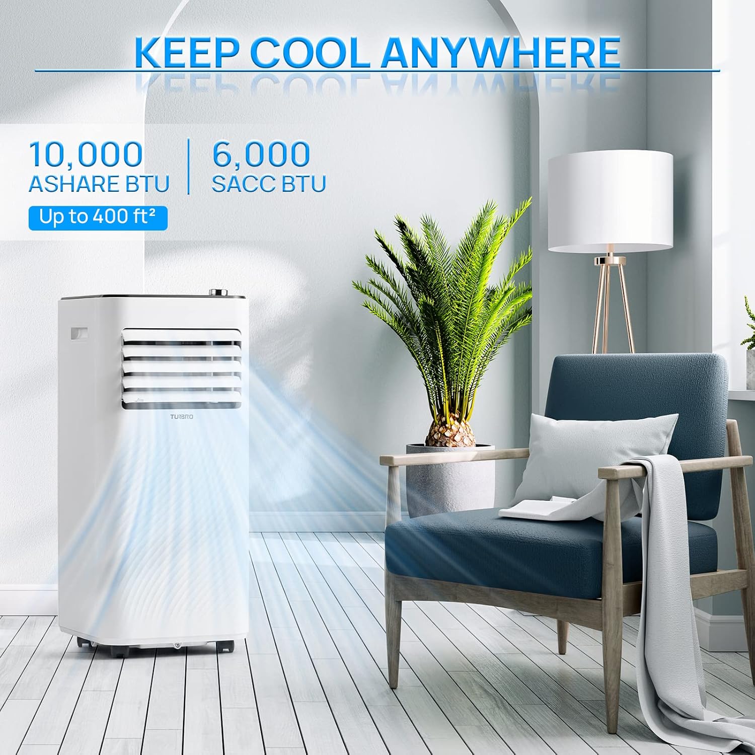 TURBRO Finnmark 10,000 BTU Portable Air Conditioner, Dehumidifier and Fan, 3-in-1 Floor AC Unit for Rooms up to 400 Sq Ft, Sleep Mode, Timer, Remote Included (6,000 BTU SACC)