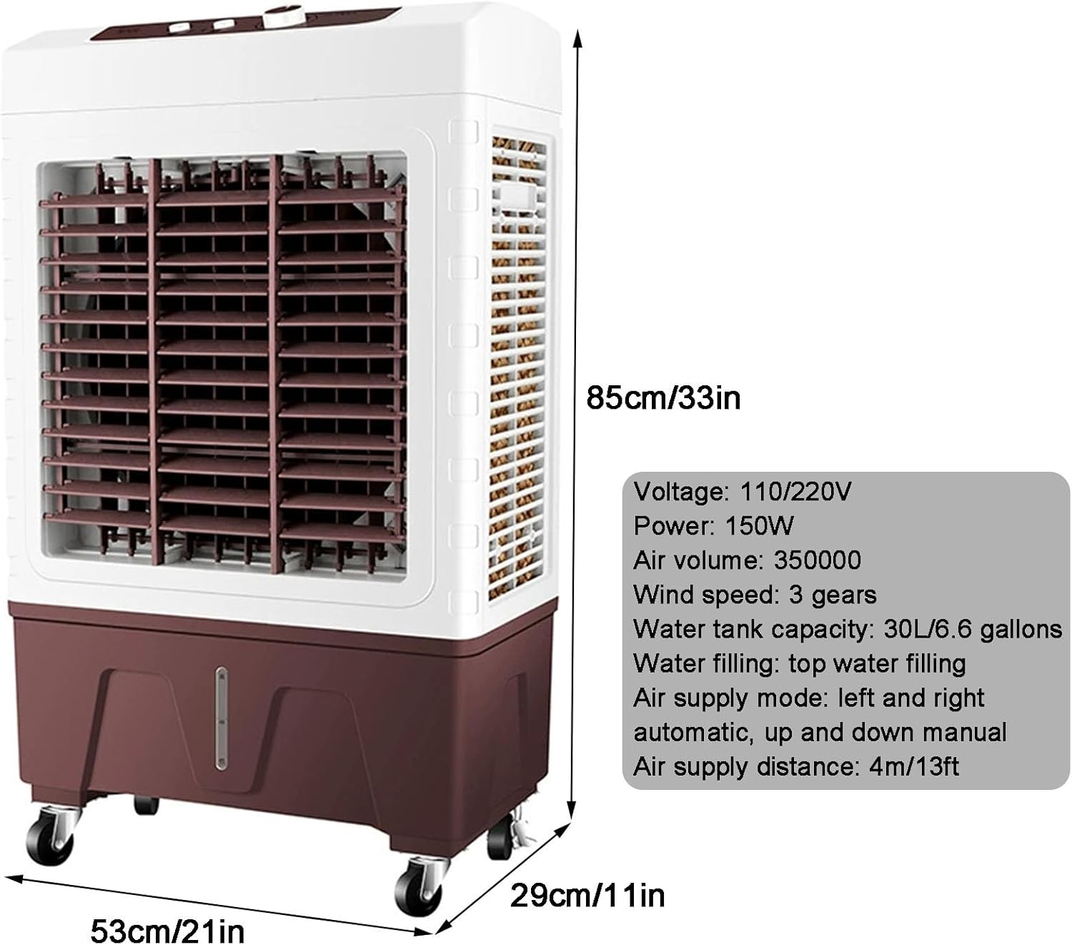 Evaporative Cooler, Knobs Air Cooler, Portable Air Conditioner with 30L/6.6Gal Water Tank, 3 Speeds and 2 Ice Packs for Outdoor Commercial Factory